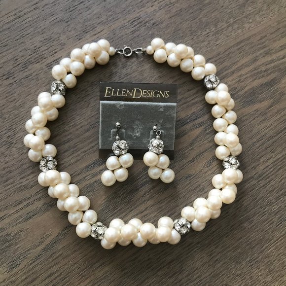 Pearl & Rhinestone Jewelry Set – Necklace & Pierced Earrings - Picture 1 of 10